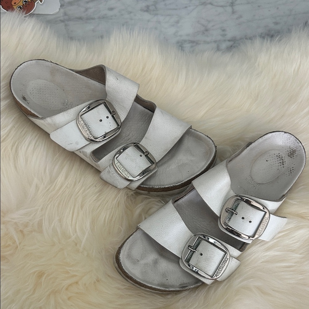 Birkenstock Arizona Big Buckle White Sandals with Silver Hardware 38